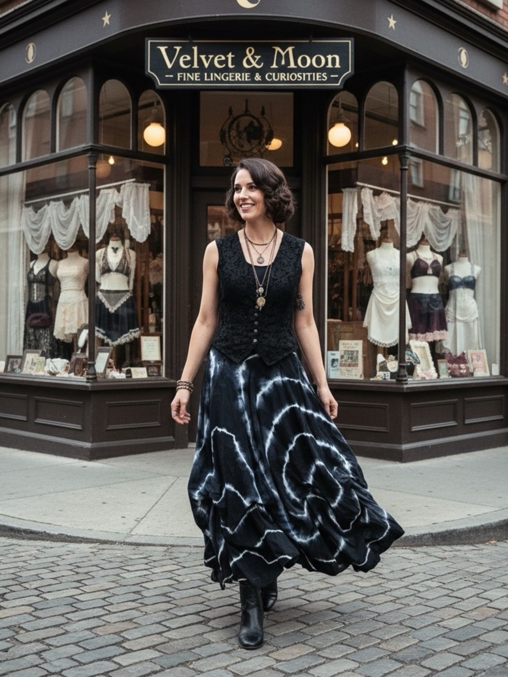 Black & White Tie-Dye Maxi Boho Skirt with an Adjustable Hem